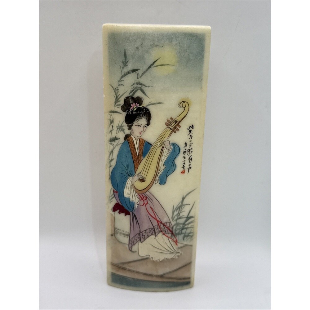 Vintage Handpainted Marble Paperweight Asian Lady w/Lute Mandolin